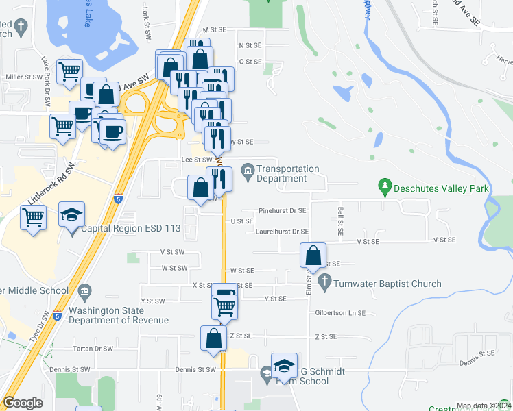 map of restaurants, bars, coffee shops, grocery stores, and more near 216 Pinehurst Drive Southwest in Tumwater