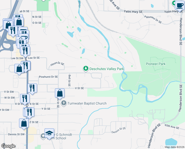 map of restaurants, bars, coffee shops, grocery stores, and more near 705 White Hawk Lane Southeast in Tumwater