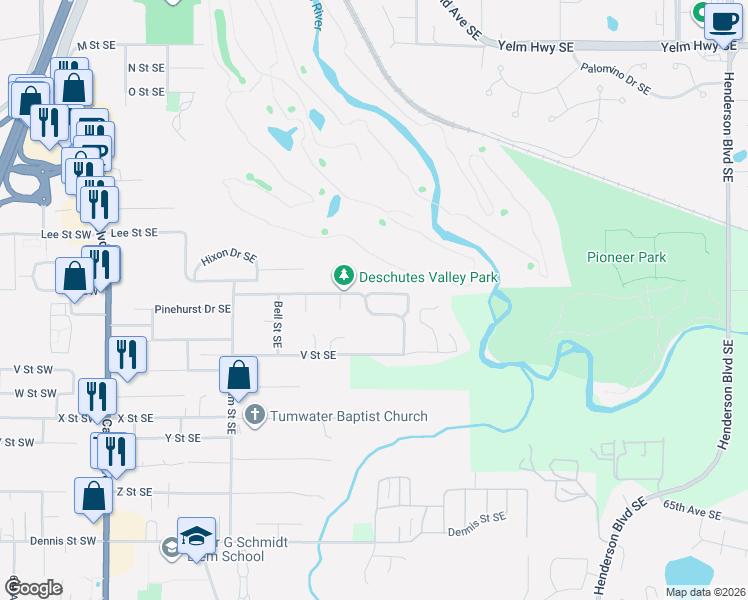 map of restaurants, bars, coffee shops, grocery stores, and more near 705 White Hawk Lane Southeast in Tumwater
