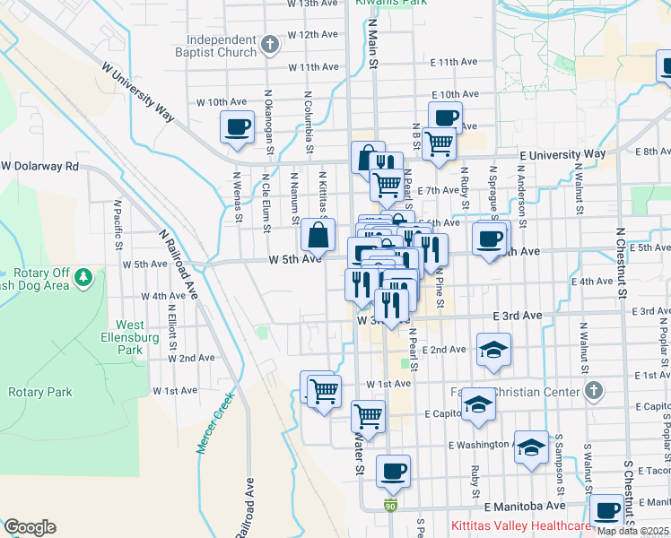 map of restaurants, bars, coffee shops, grocery stores, and more near 501 North Water Street in Ellensburg
