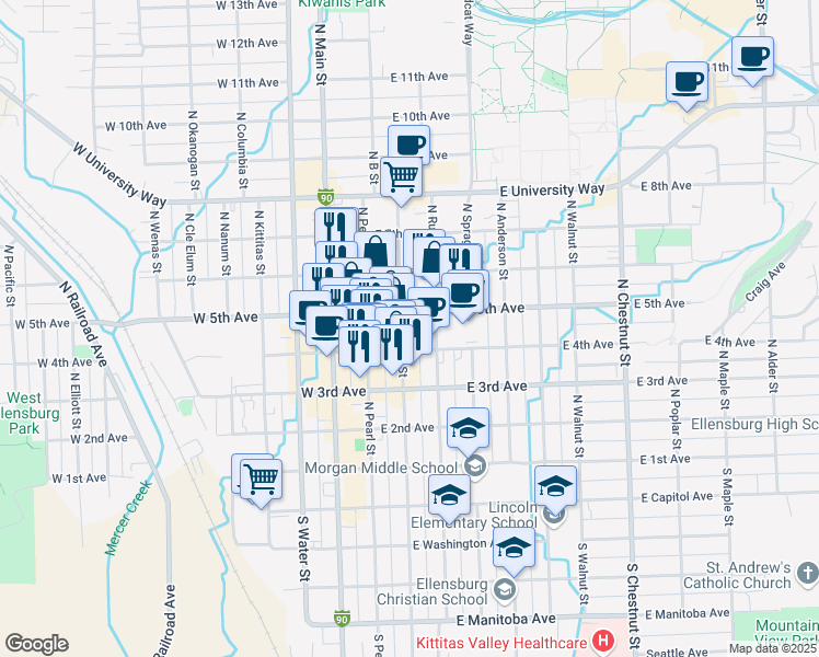 map of restaurants, bars, coffee shops, grocery stores, and more near 416 North Pine Street in Ellensburg