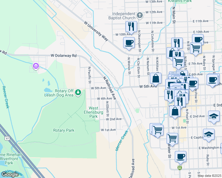 map of restaurants, bars, coffee shops, grocery stores, and more near 468 North Railroad Avenue in Ellensburg