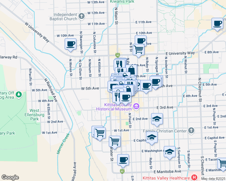 map of restaurants, bars, coffee shops, grocery stores, and more near 429 North Main Street in Ellensburg