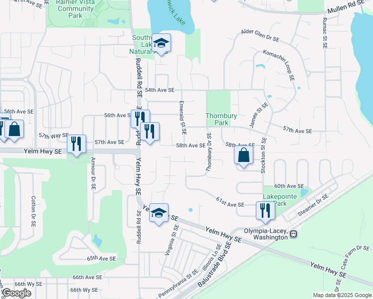map of restaurants, bars, coffee shops, grocery stores, and more near 6005 58th Avenue Southeast in Lacey
