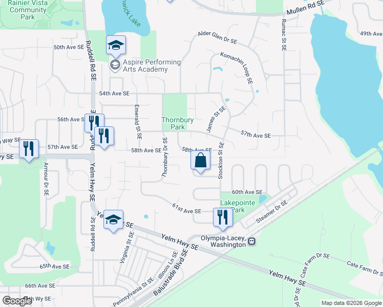 map of restaurants, bars, coffee shops, grocery stores, and more near 6205 58th Avenue Southeast in Lacey