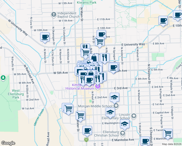 map of restaurants, bars, coffee shops, grocery stores, and more near 425 North Pearl Street in Ellensburg