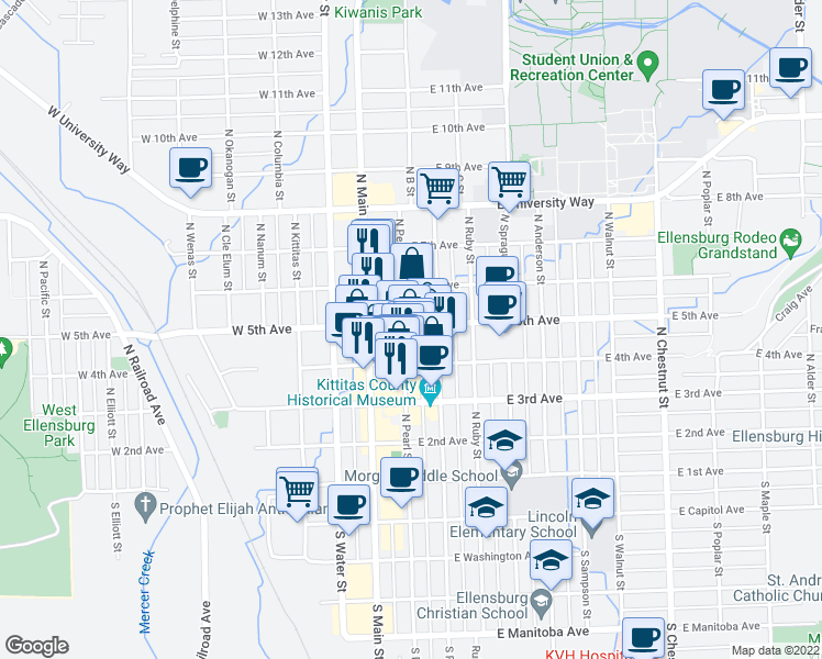 map of restaurants, bars, coffee shops, grocery stores, and more near 420 North Pearl Street in Ellensburg