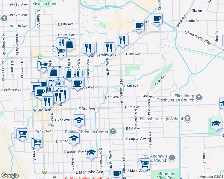 map of restaurants, bars, coffee shops, grocery stores, and more near 704 East 5th Avenue in Ellensburg