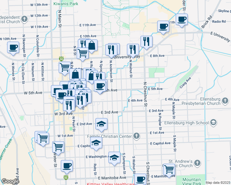 map of restaurants, bars, coffee shops, grocery stores, and more near 502 East 5th Avenue in Ellensburg