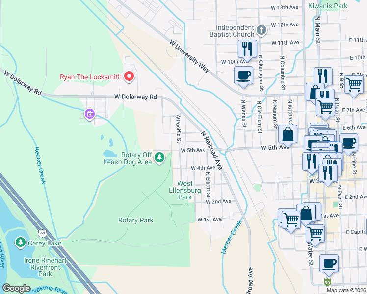 map of restaurants, bars, coffee shops, grocery stores, and more near 500 N Pacific St in Ellensburg
