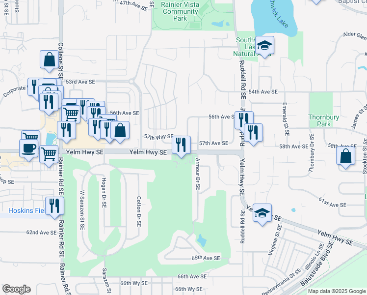 map of restaurants, bars, coffee shops, grocery stores, and more near 5623 Mount Baker Street Southeast in Lacey