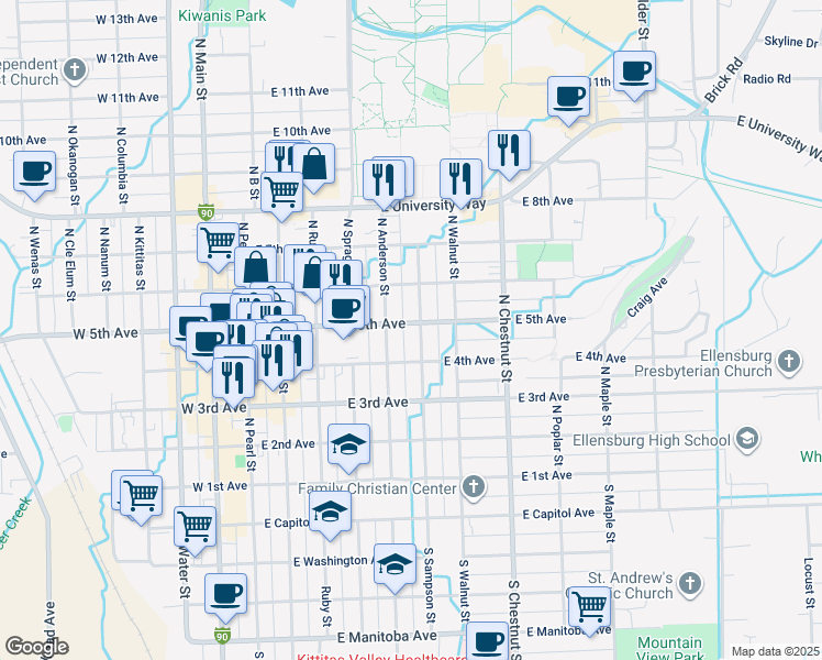 map of restaurants, bars, coffee shops, grocery stores, and more near 502 East 5th Avenue in Ellensburg