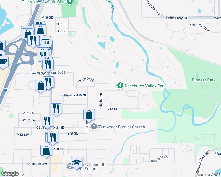 map of restaurants, bars, coffee shops, grocery stores, and more near 408 T Street Southeast in Tumwater