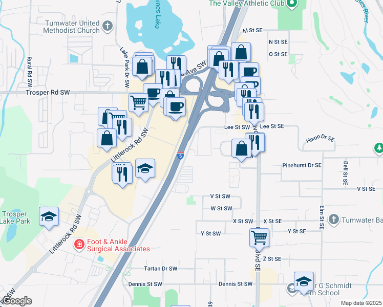 map of restaurants, bars, coffee shops, grocery stores, and more near 5737 Linderson Way Southwest in Tumwater