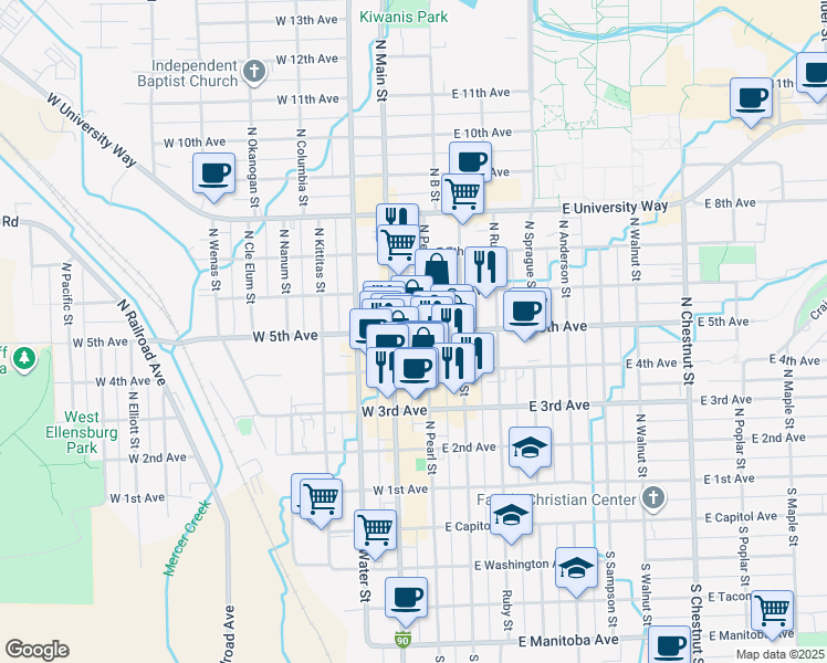 map of restaurants, bars, coffee shops, grocery stores, and more near in Ellensburg