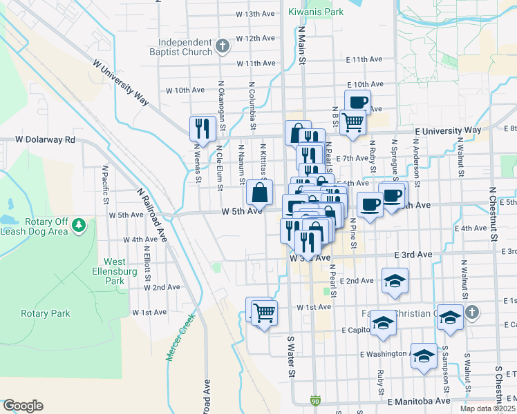 map of restaurants, bars, coffee shops, grocery stores, and more near 405 West 5th Avenue in Ellensburg