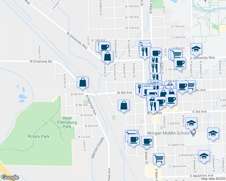 map of restaurants, bars, coffee shops, grocery stores, and more near 601 West 5th Avenue in Ellensburg
