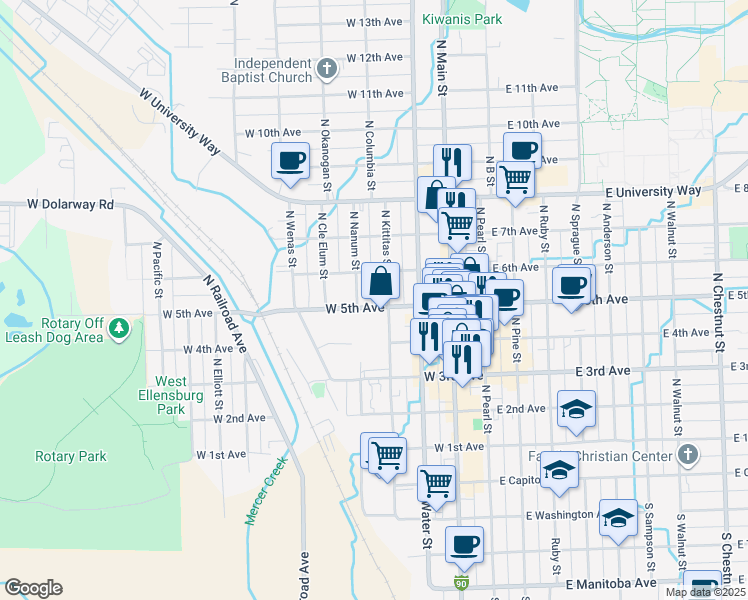 map of restaurants, bars, coffee shops, grocery stores, and more near 405 West 5th Avenue in Ellensburg