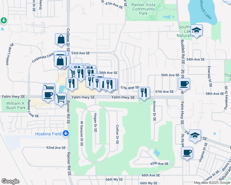map of restaurants, bars, coffee shops, grocery stores, and more near 5128 Yelm Highway Southeast in Lacey