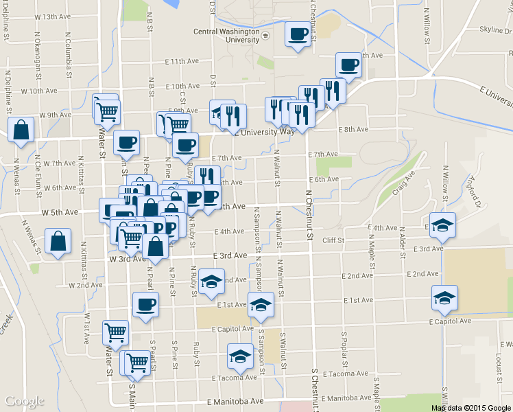 map of restaurants, bars, coffee shops, grocery stores, and more near East 5th Avenue in Ellensburg