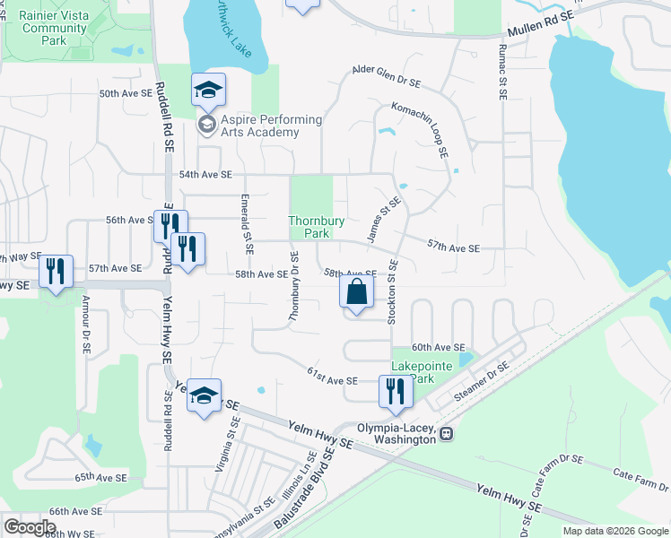 map of restaurants, bars, coffee shops, grocery stores, and more near 6205 58th Avenue Southeast in Lacey