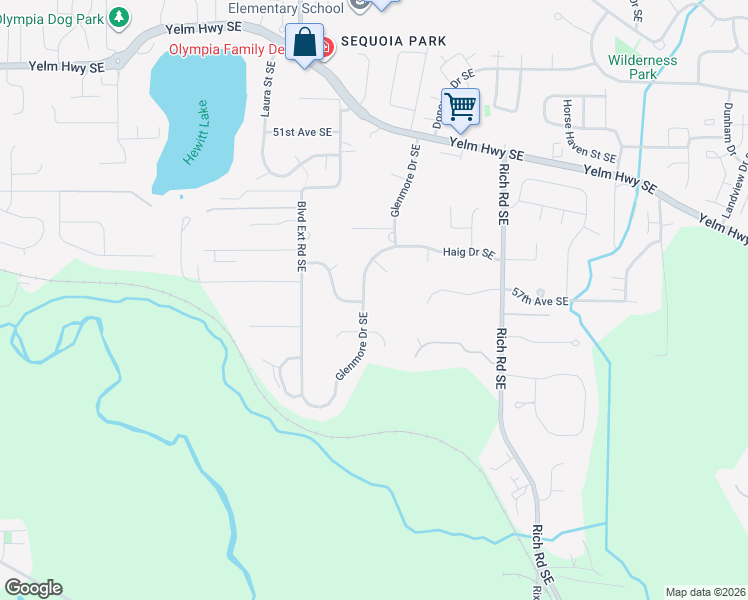 map of restaurants, bars, coffee shops, grocery stores, and more near 5706 Glenmore Drive Southeast in Olympia