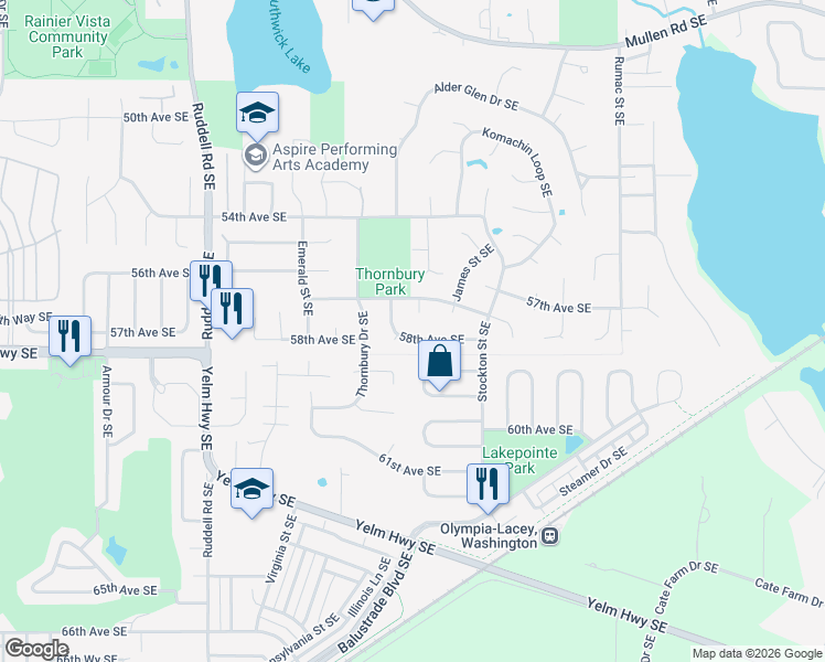 map of restaurants, bars, coffee shops, grocery stores, and more near 6205 58th Avenue Southeast in Lacey