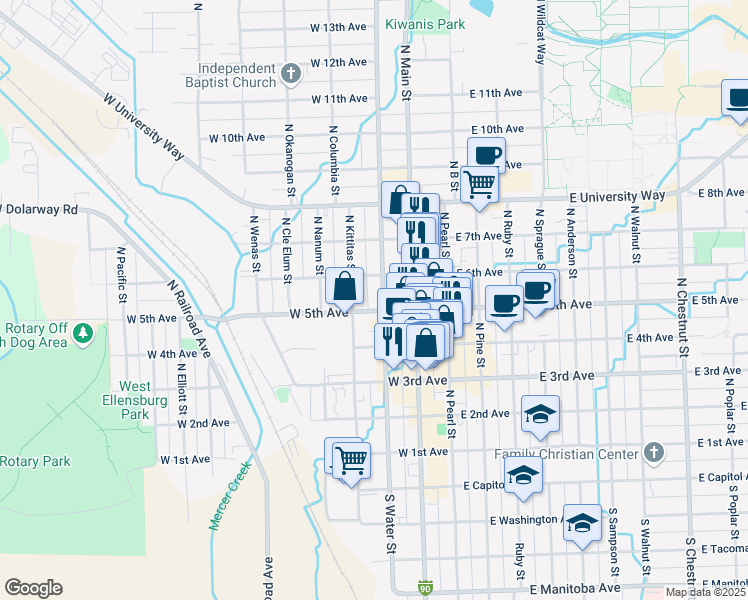 map of restaurants, bars, coffee shops, grocery stores, and more near 501 North Water Street in Ellensburg