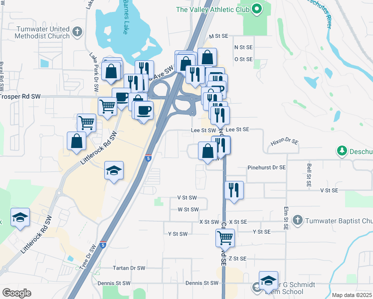 map of restaurants, bars, coffee shops, grocery stores, and more near 5701 6th Avenue Southwest in Tumwater