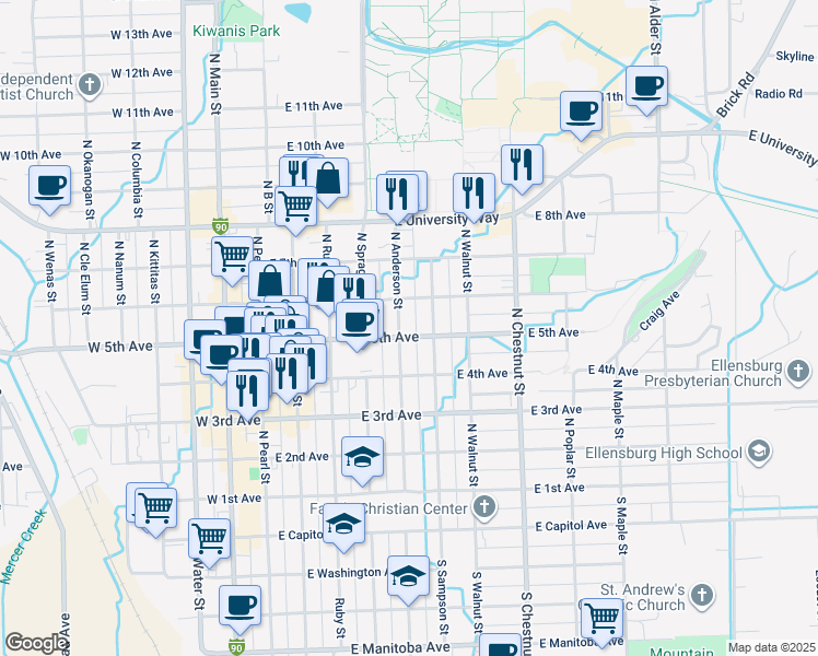 map of restaurants, bars, coffee shops, grocery stores, and more near 502 East 5th Avenue in Ellensburg