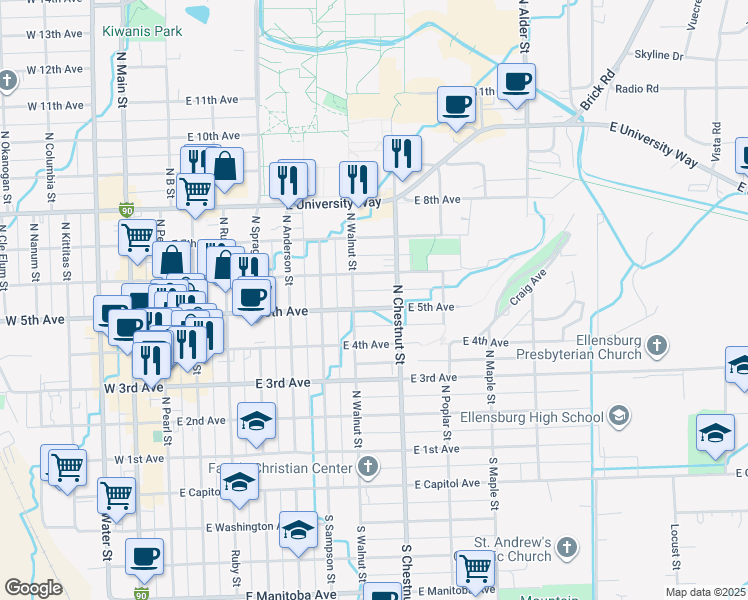 map of restaurants, bars, coffee shops, grocery stores, and more near 704 East 5th Avenue in Ellensburg