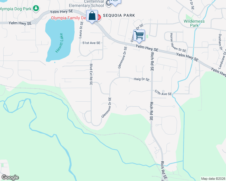 map of restaurants, bars, coffee shops, grocery stores, and more near 5706 Glenmore Drive Southeast in Olympia