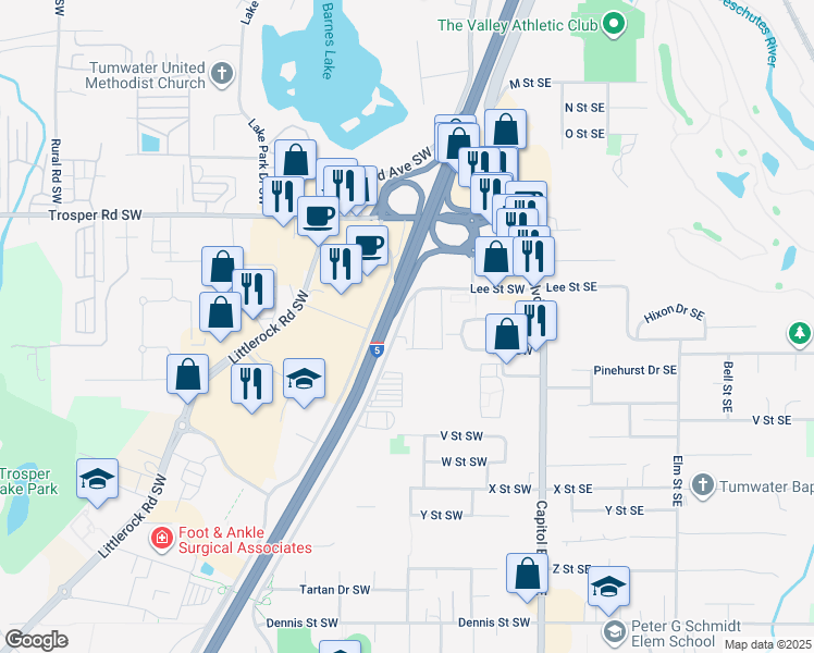 map of restaurants, bars, coffee shops, grocery stores, and more near 5737 Linderson Way Southwest in Tumwater