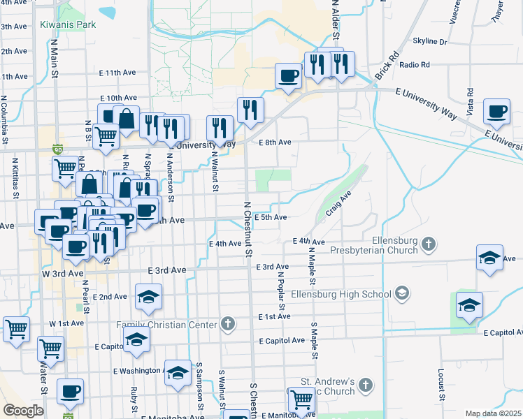 map of restaurants, bars, coffee shops, grocery stores, and more near 00410 North Chestnut Street in Ellensburg