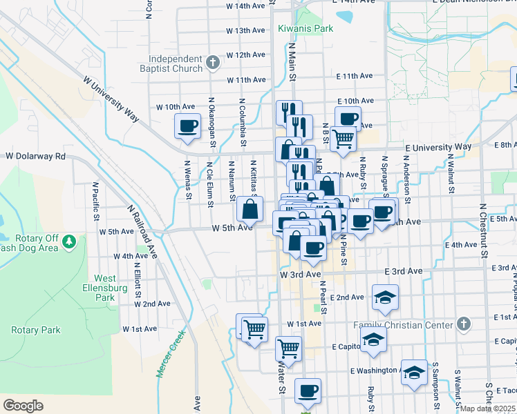 map of restaurants, bars, coffee shops, grocery stores, and more near 601 North Water Street in Ellensburg