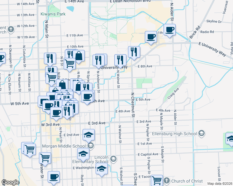 map of restaurants, bars, coffee shops, grocery stores, and more near 509 North Walnut Street in Ellensburg