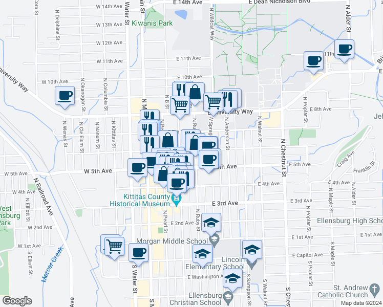 map of restaurants, bars, coffee shops, grocery stores, and more near in Ellensburg