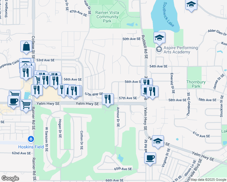 map of restaurants, bars, coffee shops, grocery stores, and more near 5612 Mount Baker Street Southeast in Lacey