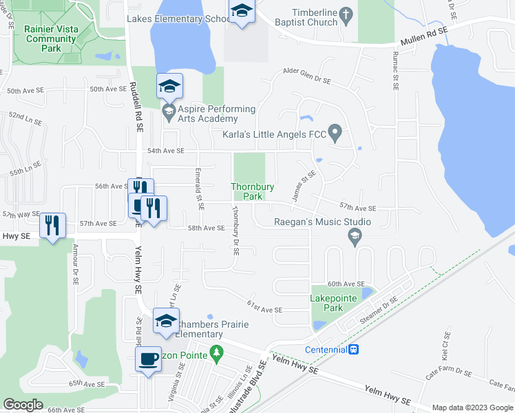 map of restaurants, bars, coffee shops, grocery stores, and more near 6100 58th Avenue Southeast in Lacey