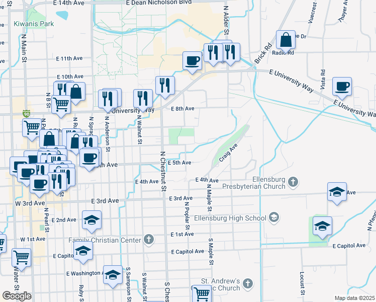 map of restaurants, bars, coffee shops, grocery stores, and more near 512 North Poplar Street in Ellensburg