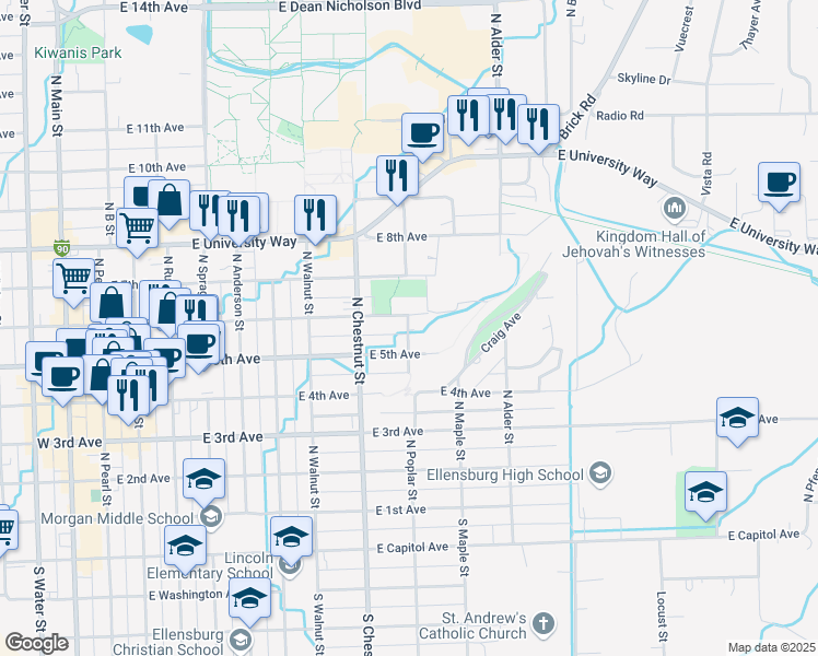map of restaurants, bars, coffee shops, grocery stores, and more near 512 North Poplar Street in Ellensburg