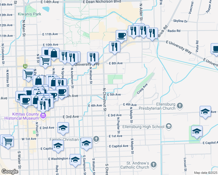 map of restaurants, bars, coffee shops, grocery stores, and more near 801 East 6th Avenue in Ellensburg