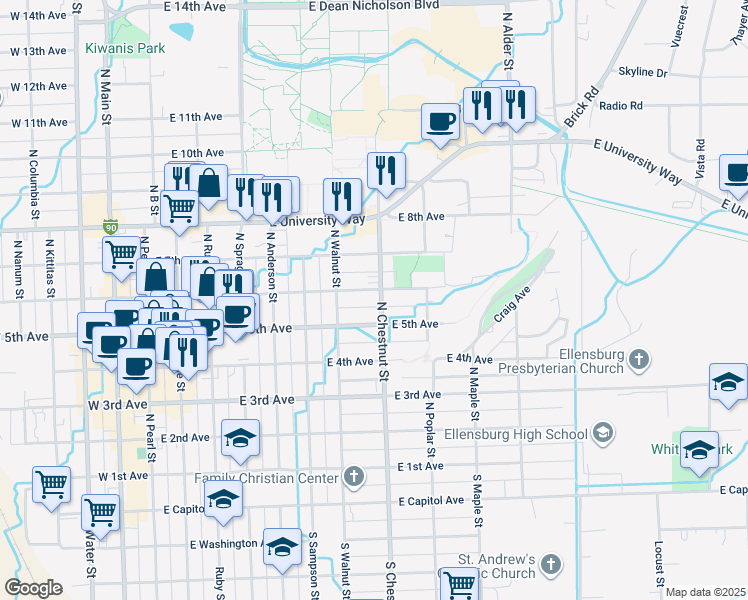 map of restaurants, bars, coffee shops, grocery stores, and more near 801 East 6th Avenue in Ellensburg
