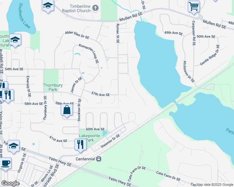 map of restaurants, bars, coffee shops, grocery stores, and more near 5543 Rumac Street Southeast in Lacey