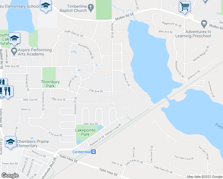 map of restaurants, bars, coffee shops, grocery stores, and more near 5543 Rumac Street Southeast in Lacey