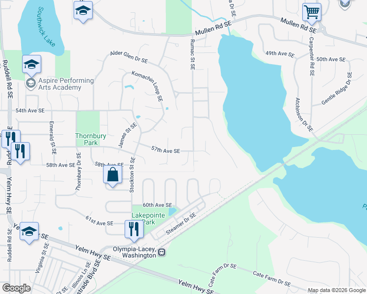 map of restaurants, bars, coffee shops, grocery stores, and more near 5543 Rumac Street Southeast in Lacey