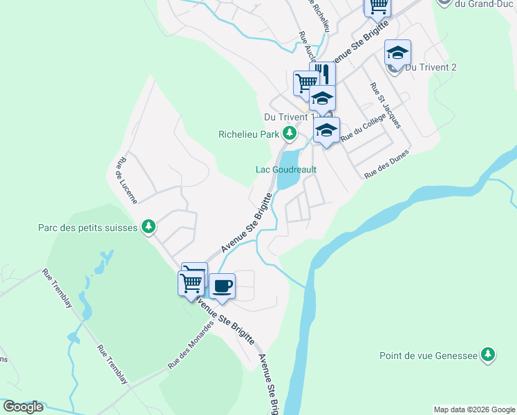 map of restaurants, bars, coffee shops, grocery stores, and more near 369 Avenue Sainte Brigitte in Sainte-Brigitte-de-Laval