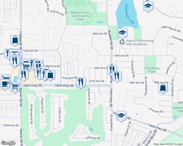 map of restaurants, bars, coffee shops, grocery stores, and more near 5602 Mount Olympus Street Southeast in Lacey