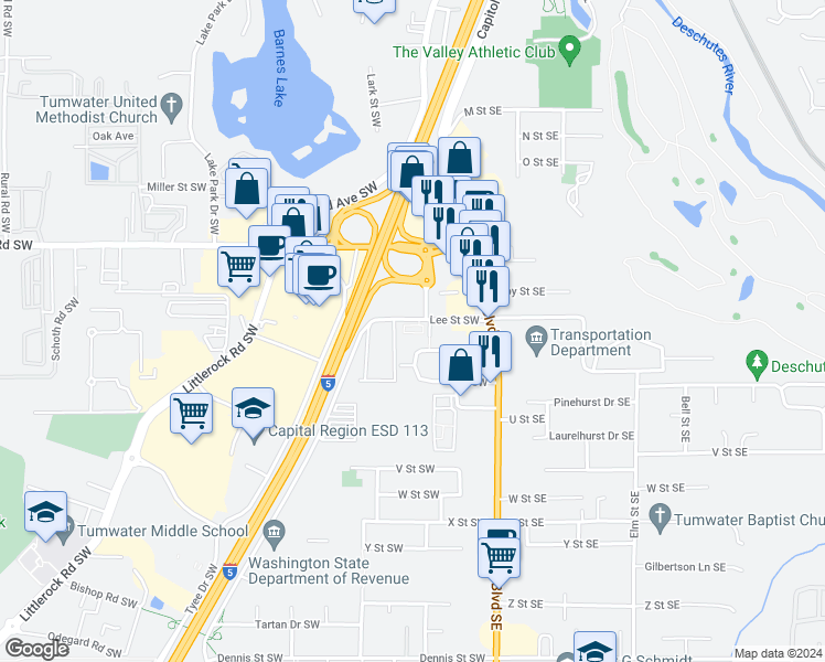 map of restaurants, bars, coffee shops, grocery stores, and more near 400 Lee Street Southeast in Tumwater