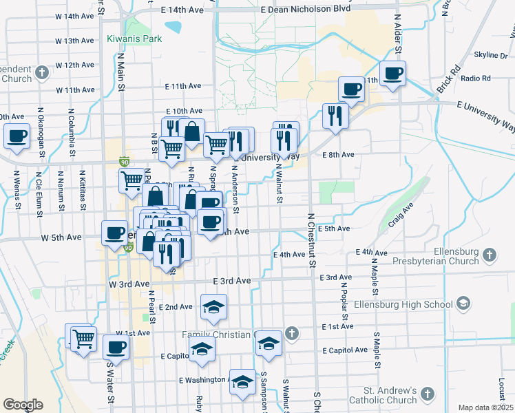 map of restaurants, bars, coffee shops, grocery stores, and more near East 6th Avenue in Ellensburg